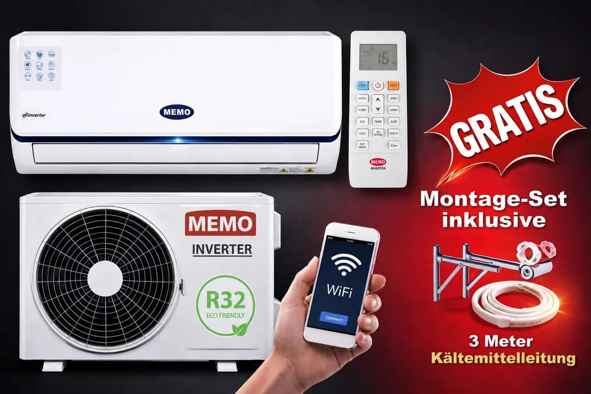 Verkaufsplakat mit MEMO Inverter-Set und dem Hinweis auf 3 Meter Kältemittelleitung