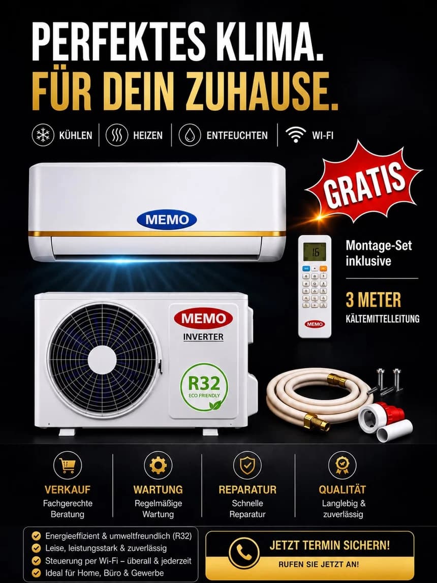 Hochformatiges Verkaufsplakat mit MEMO Split-Set und Aufzählung der Gerätefunktionen