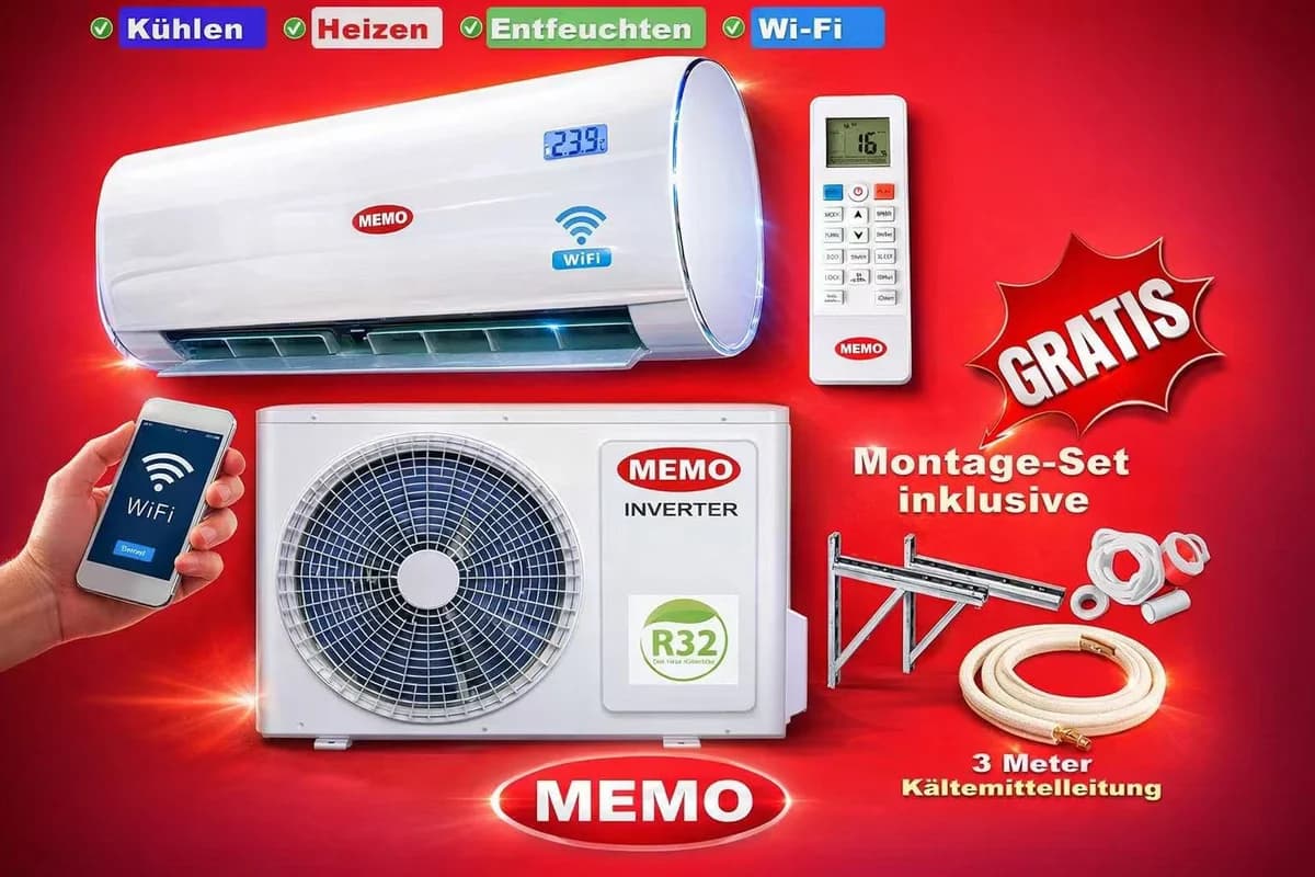 Verkaufsplakat mit MEMO Split-Innengerät, Außengerät, Fernbedienung und Montage-Set auf rotem Grund